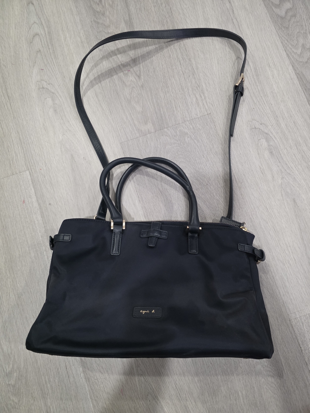 Agnes B. Black Nylon Satchel with Adjustable Strap